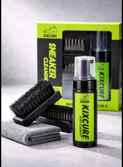 KIXCURE sneaker cleaning kit: foam cleaner, two brushes, microfiber towel and gift box
